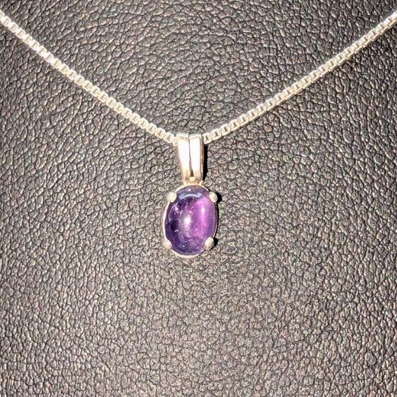 Vintage Sterling Silver Amethyst Cabochon Pendant Box Chain 16" Necklace - Picture 3 of 8